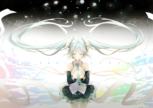 Anime picture 1639x1158 with vocaloid hatsune miku suzumori uina single standing twintails bare shoulders very long hair hair flower aqua eyes aqua hair floating hair looking down anniversary girl flower (flowers) detached sleeves necktie