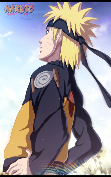 Anime picture 665x1065 with naruto studio pierrot naruto (series) uzumaki naruto minatosama207 single tall image short hair blue eyes blonde hair sky cloud (clouds) profile sunlight inscription coloring facial mark whisker markings jinchuriki hands on hips