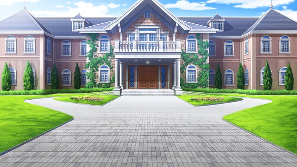 Anime picture 2560x1440 with ojousama wa gokigen naname highres wide image game cg no people plant (plants) tree (trees) window grass house door road