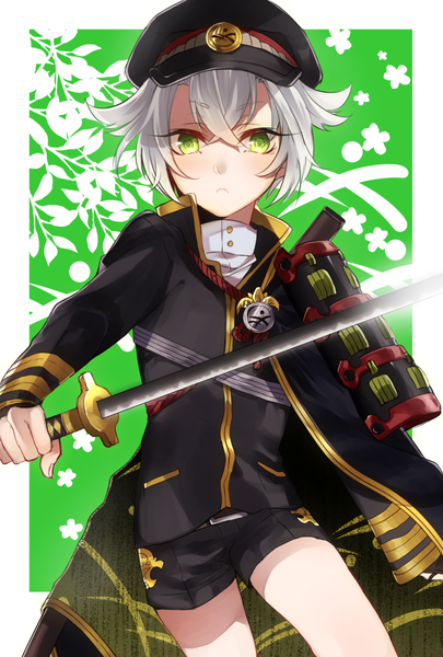 Anime picture 811x1200 with touken ranbu nitroplus hotarumaru tagme (artist) single tall image looking at viewer fringe short hair hair between eyes holding green eyes grey hair serious boy uniform weapon hat sword shorts