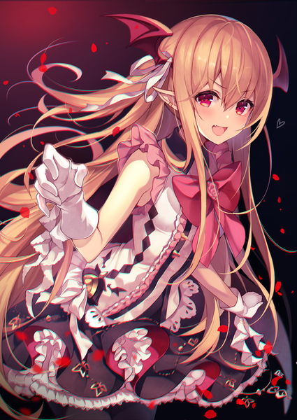 Anime picture 1200x1695 with shingeki no bahamut granblue fantasy vampy homaderi single long hair tall image looking at viewer fringe open mouth blonde hair simple background smile hair between eyes red eyes standing payot :d pointy ears fang (fangs)