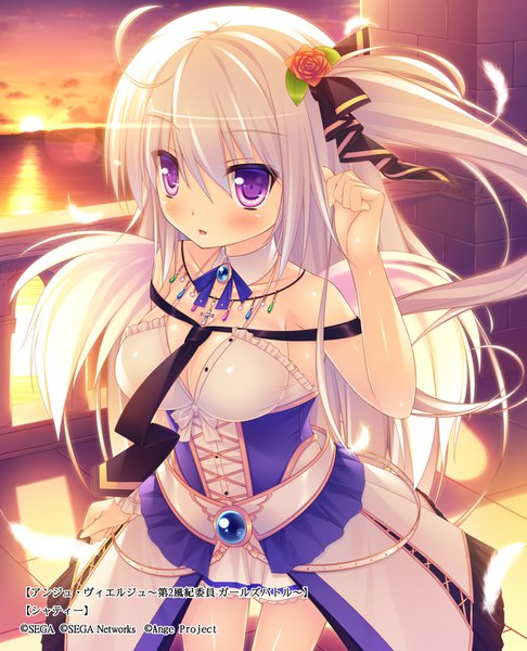 Anime picture 1280x1580 with ange vierge shati (ange vierge) gokireddo single long hair tall image blush purple eyes looking away cloud (clouds) white hair hair flower one side up evening sunset girl dress hair ornament flower (flowers) necktie