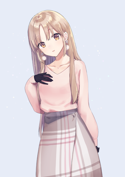 Anime picture 848x1200 with original rimo single long hair tall image looking at viewer blush fringe open mouth simple background hair between eyes brown hair standing brown eyes payot head tilt grey background plaid skirt girl skirt