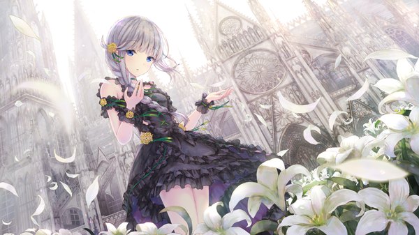 Anime picture 3840x2160 with virtual youtuber avatar 2.0 project nabana nana missle228 single long hair looking at viewer fringe highres open mouth blue eyes wide image standing bare shoulders absurdres silver hair outdoors blunt bangs braid (braids) hair flower