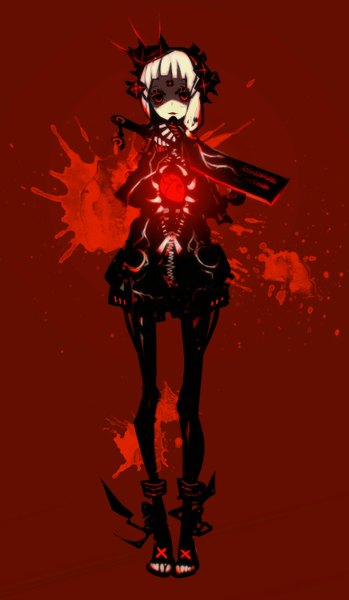 Anime picture 872x1496 with original kiku (kicdoc) single long hair tall image looking at viewer red eyes white hair pale skin red background guro girl hair ornament weapon blood heart (organ)