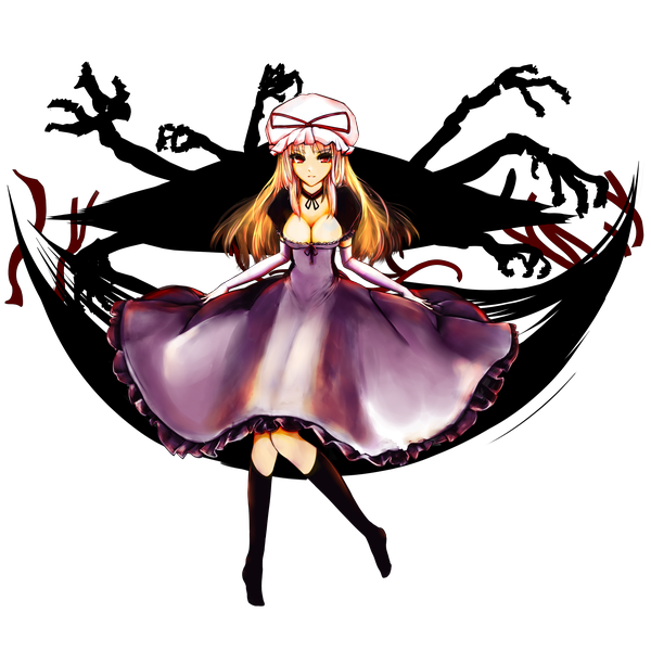 Anime picture 3548x3548 with touhou yakumo yukari virus (obsession) long hair highres breasts light erotic blonde hair red eyes large breasts absurdres transparent background girl thighhighs dress gloves bow hat elbow gloves