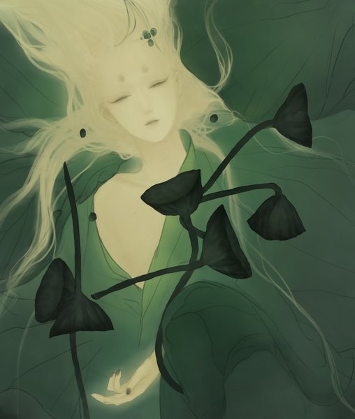 Anime picture 900x1063 with original fujin (artist) single long hair tall image open mouth blonde hair eyes closed nail polish traditional clothes from above teeth underwater black nail polish girl plant (plants) water hand