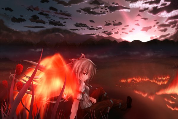 Anime picture 1200x800 with touhou fujiwara no mokou husky (artist) single long hair red eyes sky silver hair cloud (clouds) girl flower (flowers) bow hair bow wings fire