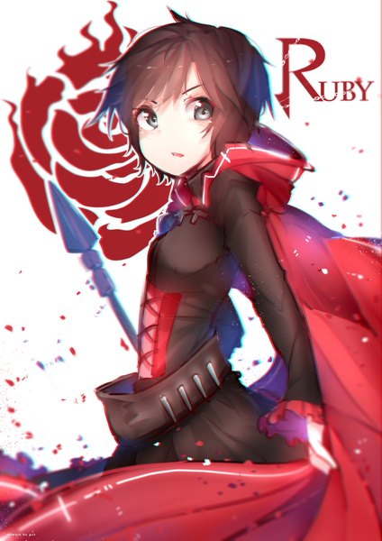 Anime picture 2480x3507 with rwby rooster teeth ruby rose yuzas single tall image fringe highres short hair simple background hair between eyes brown hair white background looking away long sleeves parted lips looking back black eyes wide sleeves character names