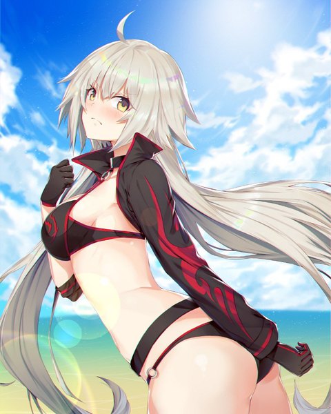 Anime picture 800x1000 with fate (series) fate/grand order jeanne d'arc (fate) (all) jeanne d'arc alter (fate) jeanne d'arc alter (swimsuit berserker) (fate) soya (torga) single long hair tall image looking at viewer blush fringe breasts light erotic hair between eyes standing yellow eyes sky silver hair cloud (clouds)