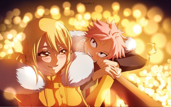 Anime picture 1500x938 with fairy tail lucy heartfilia natsu dragneel kristallin-f (artist) long hair blush short hair blonde hair smile wide image brown eyes pink hair black eyes grin holding hands light girl boy scarf fur