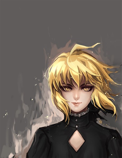 Anime picture 1153x1500 with fate (series) fate/stay night studio deen type-moon artoria pendragon (all) saber saber alter huazha01 single tall image looking at viewer short hair blonde hair simple background yellow eyes wind grey background girl dress black dress