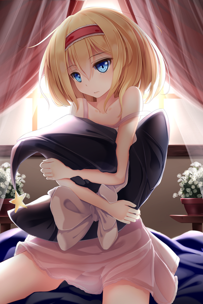 Anime picture 1000x1500 with touhou alice margatroid namatyaba single tall image looking at viewer short hair blue eyes blonde hair bare shoulders girl flower (flowers) hat hairband witch hat nightie
