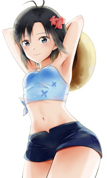 Anime picture 898x1491 with idolmaster idolmaster (classic) kikuchi makoto mogskg single tall image looking at viewer fringe short hair black hair simple background smile hair between eyes standing white background ahoge hair flower arms up from below armpit (armpits)