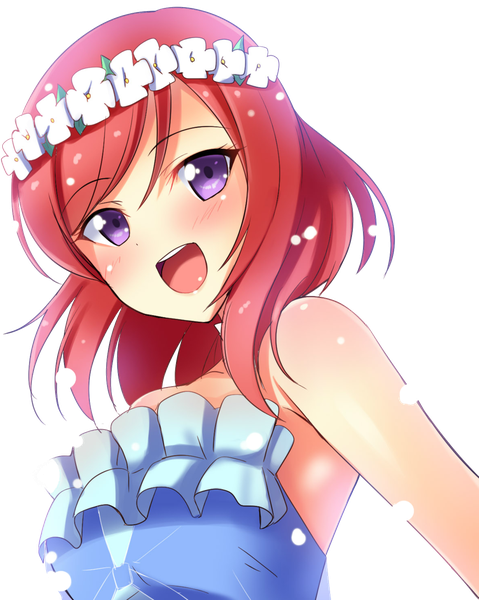 Anime picture 975x1221 with love live! school idol project sunrise (studio) love live! nishikino maki yu-ta single tall image looking at viewer blush short hair open mouth smile purple eyes bare shoulders payot looking away upper body red hair head tilt :d