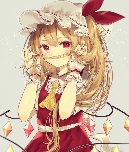 Anime picture 1632x1927 with touhou flandre scarlet youtan single long hair tall image looking at viewer blush fringe blonde hair simple background hair between eyes red eyes standing nail polish grey background puffy sleeves one side up :3 holding hair