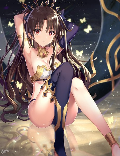 Anime picture 941x1218 with fate (series) fate/grand order ishtar (fate) rin yuu single long hair tall image breasts light erotic red eyes brown hair sitting signed cleavage armpit (armpits) two side up reflection arms behind head girl thighhighs