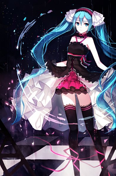 Anime picture 591x896 with 7th dragon vocaloid hatsune miku bai kongque (shirokujaku) single tall image looking away very long hair aqua eyes aqua hair sparkle zettai ryouiki checkered floor floor girl thighhighs dress headphones star (stars)