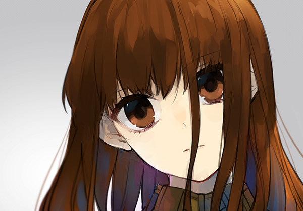 Anime picture 995x695 with fate (series) fate/extra female protagonist (fate/extra) hita (hitapita) single long hair looking at viewer fringe brown hair brown eyes head tilt grey background portrait girl