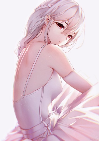 Anime picture 1447x2047 with original leria v single long hair tall image looking at viewer fringe breasts simple background hair between eyes red eyes large breasts white background bare shoulders white hair braid (braids) turning head slit pupils anaglyph girl