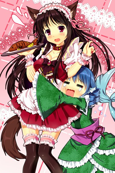 Anime picture 666x1000 with touhou imaizumi kagerou wakasagihime cnm long hair tall image blush short hair open mouth brown hair multiple girls animal ears blue hair looking away tail eyes closed animal tail pink eyes alternate costume hug