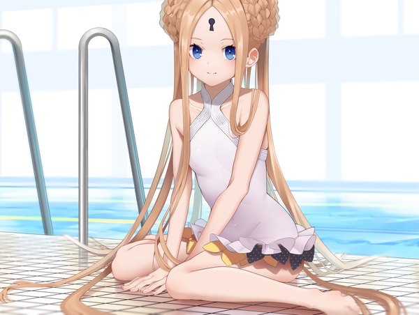 Anime picture 3755x2828 with fate (series) fate/grand order abigail williams (fate) abigail williams (swimsuit foreigner) (fate) shiro ami single long hair looking at viewer fringe highres blue eyes blonde hair smile sitting twintails payot absurdres full body braid (braids) hair bun (hair buns)