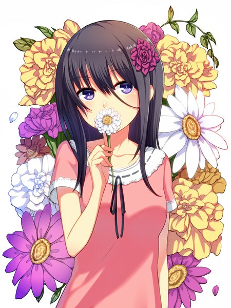 Anime picture 750x1000 with original ginichi (toot08) single long hair tall image looking at viewer blue eyes black hair white background hair flower girl dress hair ornament flower (flowers)