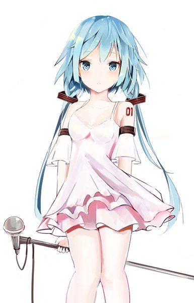 Anime picture 1000x1555 with vocaloid hatsune miku yu (4533761) single long hair tall image looking at viewer blue eyes simple background standing white background twintails bare shoulders blue hair low twintails knees touching girl dress hair ornament detached sleeves