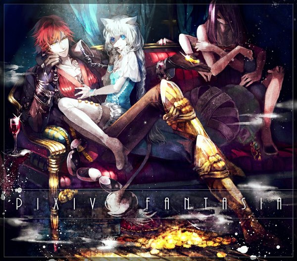 Anime picture 1000x880 with original pixiv fantasia pixiv fantasia new world hitsuji (pixiv137756) long hair short hair blue eyes smile sitting animal ears yellow eyes silver hair white hair red hair tail braid (braids) animal tail cat girl tattoo crossed legs