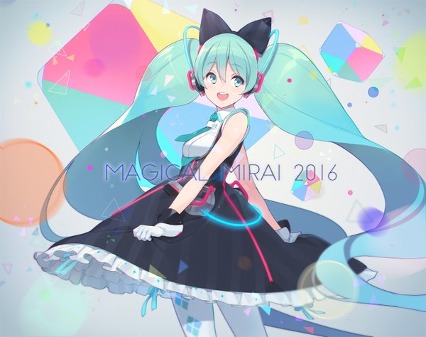 Anime picture 1366x1080 with vocaloid magical mirai (vocaloid) hatsune miku magical mirai miku magical mirai miku (2016) ssberit single fringe open mouth hair between eyes twintails looking away very long hair aqua eyes aqua hair sleeveless text turning head english rhombus
