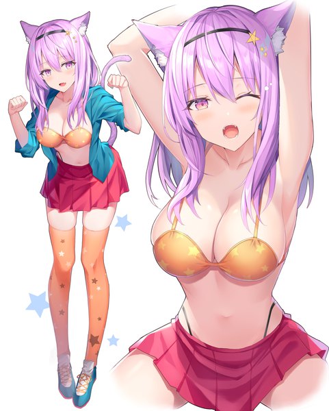 Anime picture 998x1244 with original rin yuu long hair tall image looking at viewer blush fringe breasts open mouth light erotic simple background hair between eyes large breasts white background purple eyes animal ears payot cleavage purple hair full body