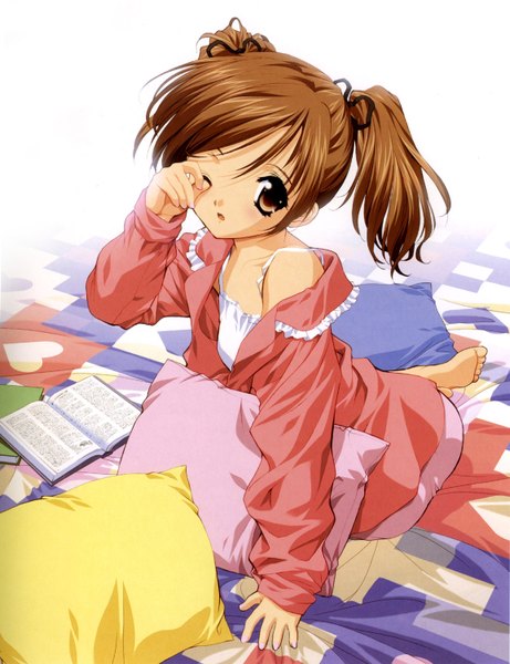 Anime picture 1153x1500 with sister princess zexcs yotsuba (sister princess) tenhiro naoto single tall image blush short hair open mouth brown hair sitting twintails brown eyes one eye closed barefoot wink short twintails girl pillow book (books)