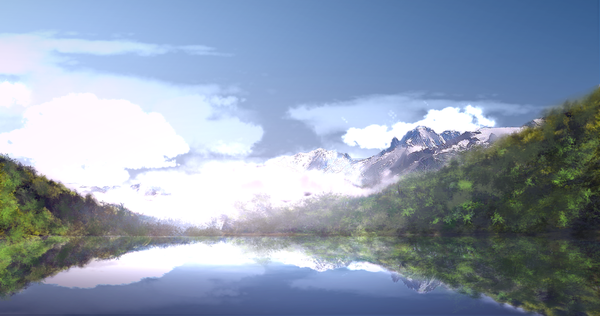 Anime picture 2048x1080 with original tsuruzen highres wide image sky cloud (clouds) mountain no people landscape river plant (plants) tree (trees)