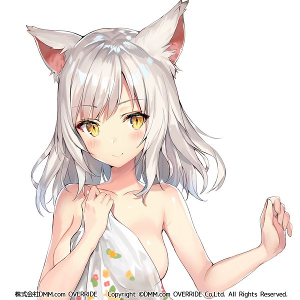 Anime picture 1000x1000 with kanpani girls nomada nihil momoko (momopoco) single looking at viewer blush fringe short hair breasts light erotic simple background smile large breasts white background bare shoulders animal ears yellow eyes payot silver hair upper body