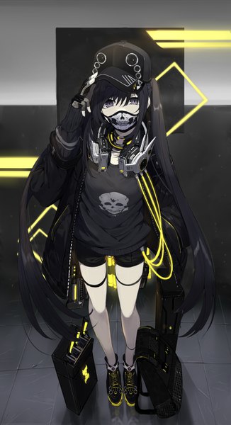 Anime picture 708x1300 with original touzai (poppin phl95) single tall image looking at viewer fringe breasts black hair simple background hair between eyes standing twintails payot full body very long hair black eyes open jacket hand in pocket adjusting hat headphones around neck