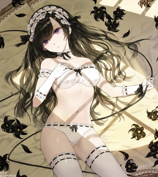 Anime picture 800x894 with original kim eb single long hair tall image breasts light erotic black hair purple eyes looking away lying mole shadow on back mole under eye underwear only hand on chest girl thighhighs gloves