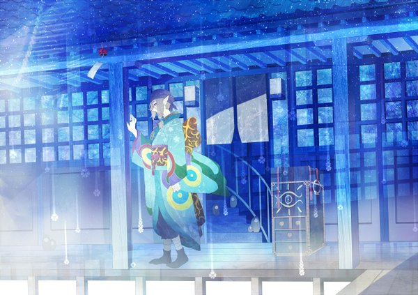 Anime picture 2500x1766 with mononoke toei animation kusuriuri (mononoke) yuna (rutera) single highres short hair blue eyes nail polish japanese clothes pointy ears grey hair no shoes boy belt kimono ring