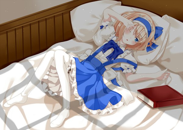 Anime picture 1087x777 with touhou alice margatroid nanatuki13 (artist) single looking at viewer blush short hair open mouth blue eyes blonde hair lying short sleeves on back puffy sleeves girl skirt ribbon (ribbons) pantyhose hairband pillow