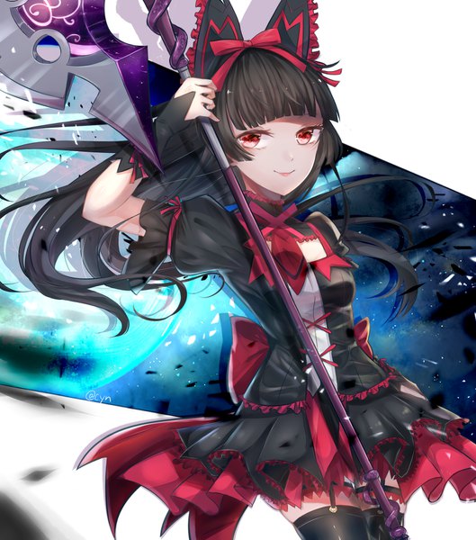 Anime picture 1500x1700 with gate - jieitai ka no chi nite kaku tatakaeri a-1 pictures rory mercury cynenne single long hair tall image looking at viewer fringe black hair smile red eyes standing holding signed payot blunt bangs short sleeves dutch angle zettai ryouiki