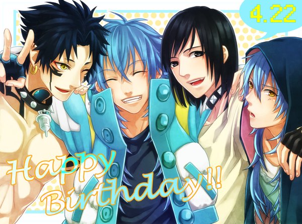 Anime picture 1568x1168 with dramatical murder nitro+chiral aoba (dmmd) ren (dmmd) sei (dramatical murder) long hair blush open mouth smile yellow eyes eyes closed one eye closed wink black eyes inscription multiple boys group boy earrings jacket