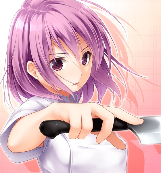 Anime picture 1000x1071 with shokugeki no soma j.c. staff arato hisako haryuu (poetto) single tall image looking at viewer fringe short hair simple background pink hair pink eyes short sleeves chef girl uniform knife