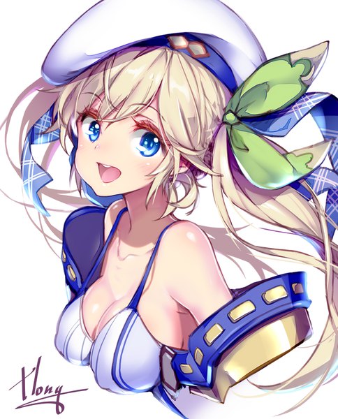 Anime picture 726x900 with granblue fantasy cucouroux (granblue fantasy) hong (white spider) single long hair tall image looking at viewer blush fringe breasts open mouth blue eyes light erotic simple background blonde hair smile large breasts white background twintails signed