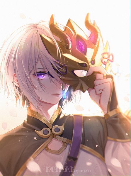 Anime picture 2894x3880 with fate (series) fate/grand order prince of lan ling (fate) koi han single tall image looking at viewer highres short hair purple eyes holding signed silver hair upper body covering eye (eyes) boy petals mask bridal gauntlets