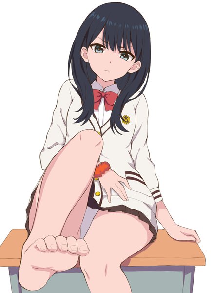 Anime picture 1240x1700 with gridman universe ssss.gridman studio trigger takarada rikka xingnai single long hair tall image looking at viewer blue eyes light erotic black hair simple background white background sitting barefoot arm support bare legs wrist scrunchie girl