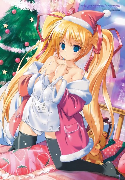 Anime picture 4892x6997 with original hagano ichigo komatsu eiji single long hair tall image looking at viewer highres light erotic blonde hair twintails absurdres official art fur trim girl thighhighs ribbon (ribbons) black thighhighs swimsuit hair ribbon