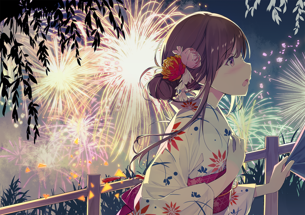 Anime picture 1500x1062 with original sutorora single long hair blush open mouth brown hair brown eyes looking away outdoors traditional clothes japanese clothes profile hair flower night hair bun (hair buns) floral print hand on chest fireworks girl