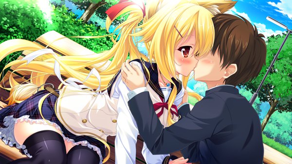 Anime picture 1280x720 with magical marriage lunatics!! karin amagi yamakaze ran long hair blush short hair blonde hair red eyes brown hair wide image twintails brown eyes animal ears looking away game cg sky cloud (clouds) outdoors tail animal tail