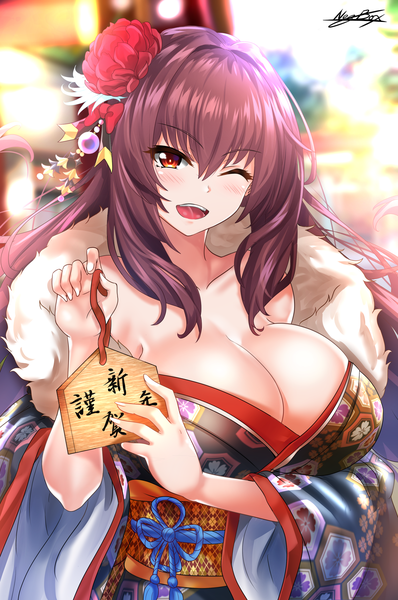 Anime picture 2330x3507 with fate (series) fate/grand order scathach (fate) (all) scathach (fate) nez-kun (nezkunn) single long hair tall image looking at viewer blush highres breasts open mouth light erotic red eyes large breasts signed purple hair traditional clothes japanese clothes