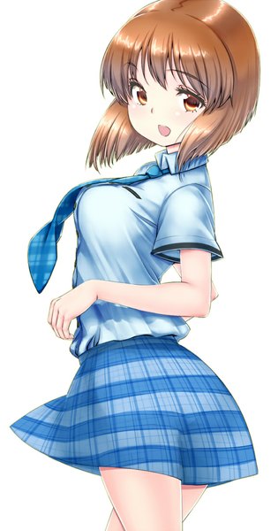 Anime picture 578x1100 with idolmaster hagiwara yukiho zizi (zz22) single tall image looking at viewer short hair open mouth simple background brown hair white background brown eyes plaid skirt rough time school girl skirt uniform school uniform shirt necktie