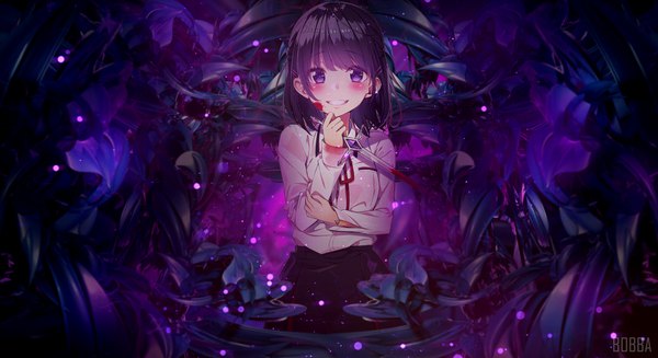 Anime picture 1980x1080 with original sakuragi ren bobba single looking at viewer blush fringe highres short hair smile wide image purple eyes holding signed purple hair wallpaper purple background clenched teeth blood on face holding arm